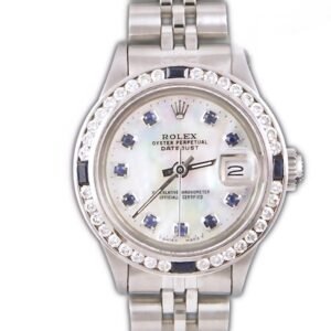 Rolex Ladies DateJust 26mm Jubilee Style Stainless Steel Custom Mother of Pearl Sapphire Dial Diamond Sapphire Bezel