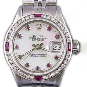 Rolex Ladies DateJust Stainless Steel Custom Diamond Ruby Bezel  Mother of Pearl Ruby Dial 6917