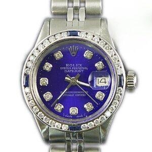 Rolex Ladies DateJust Stainless Steel Diamond Sapphire Bezel Blue Diamond Dial
