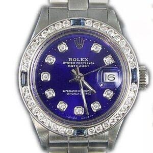 Rolex Ladies DateJust Stainless Steel Oyster Style Custom Diamond Sapphire Bezel Blue Diamond Dial