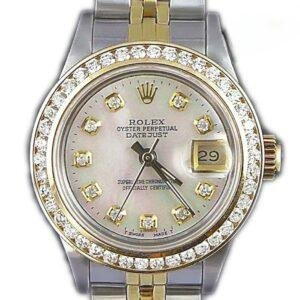 Rolex Ladies DateJust 26mm Yellow Gold Stainless Steel Custom  Mother of Pearl Diamond Dial Diamond Bezel 69173