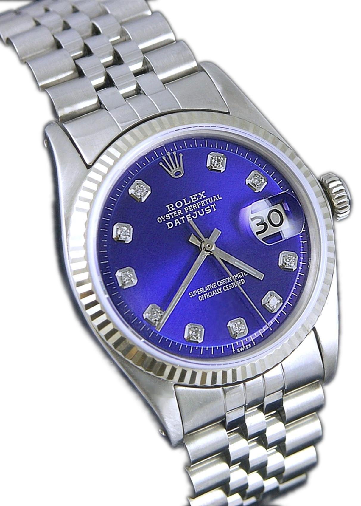 Rolex DateJust Mens 36mm Stainless Steel Blue Diamond Dial 14K Fluted White Gold Bezel 16030 - Image 4