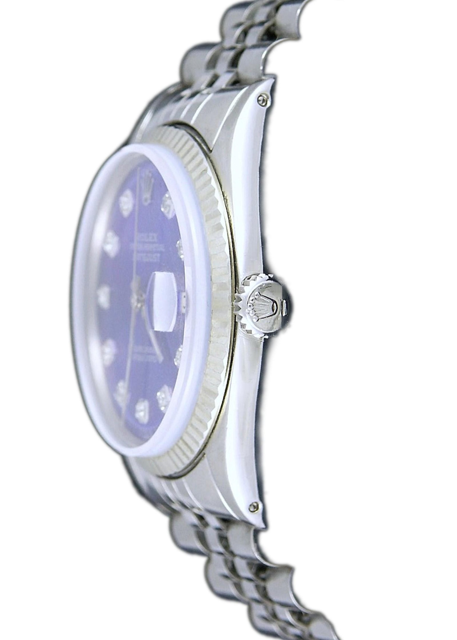 Rolex DateJust Mens 36mm Stainless Steel Blue Diamond Dial 14K Fluted White Gold Bezel 16030 - Image 2