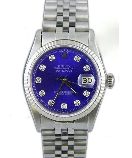 Rolex DateJust Mens 36mm Stainless Steel Blue Diamond Dial 14K Fluted White Gold Bezel 16030