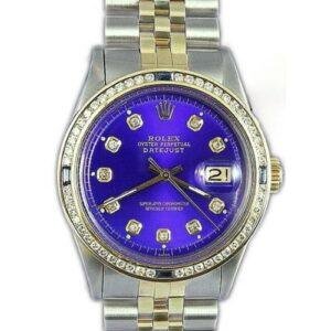Rolex DateJust Mens 36mm Stainless Steel Yellow Gold Custom Blue Diamond Dial Sapphire Diamond Bezel