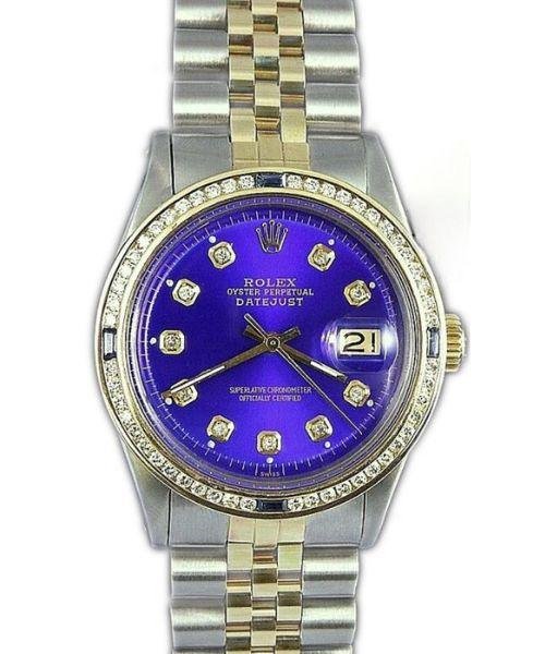 Rolex DateJust Mens 36mm Stainless Steel Yellow Gold Custom Blue Diamond Dial Sapphire Diamond Bezel