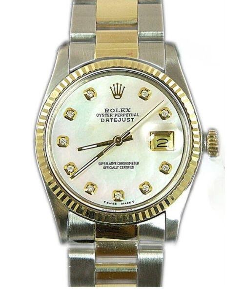 Rolex DateJust Men's 36mm Quick Set Stainless Steel 18K Yellow Gold Custom Mother of Pearl Diamond Dial Fluted Bezel
