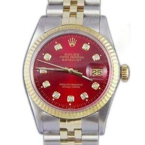 Rolex DateJust Mens Stainless Steel/Yellow  Custom Gold  Red Diamond Dial 14KYellow Gold Fluted Bezel