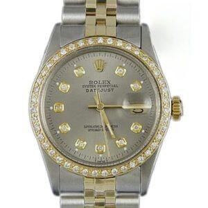 Rolex DateJust Mens 36mm Stainless Steel Yellow Gold Custom Slate Diamond Dial Gold Diamond Bezel
