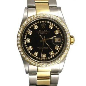 Rolex DateJust Mens Stainless Steel/Yellow Gold Custom String Black Diamond Dial Yellow Gold Dimond Bezel